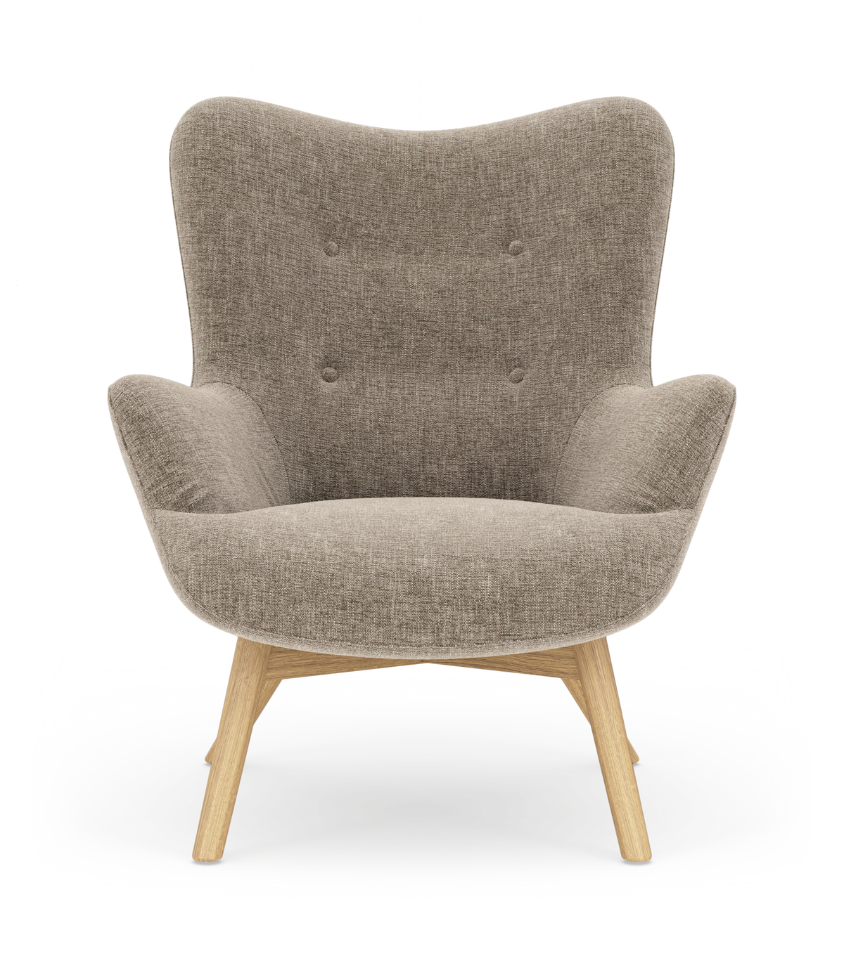 Beigefärgad fåtölj i tyg med ljusa träben, modern skandinavisk design, frilagd mot vit bakgrund.