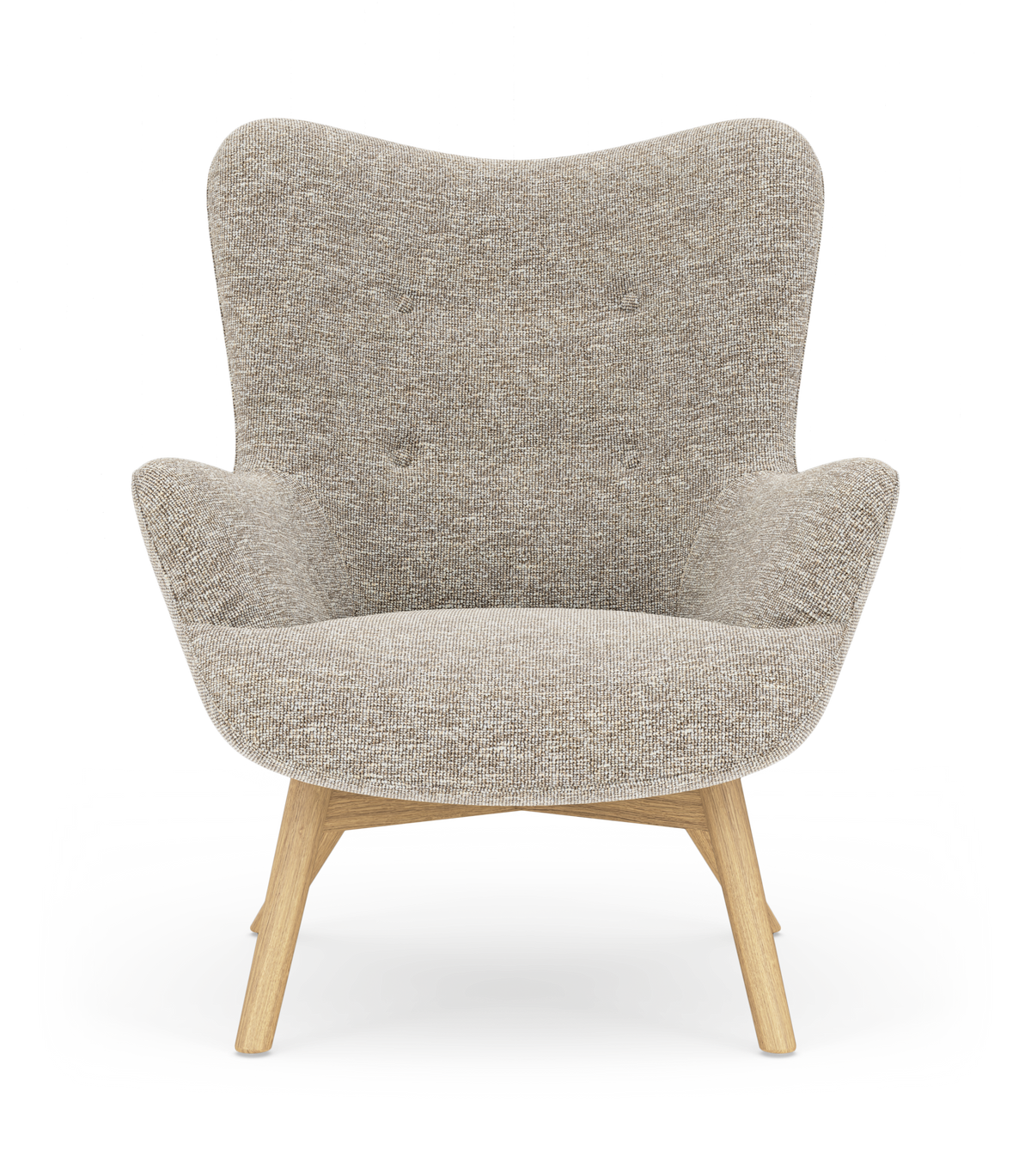 Beige fåtölj med mjukt rundad rygg och armstöd, klädd i textil med ljusa träben, frilagd mot vit bakgrund.