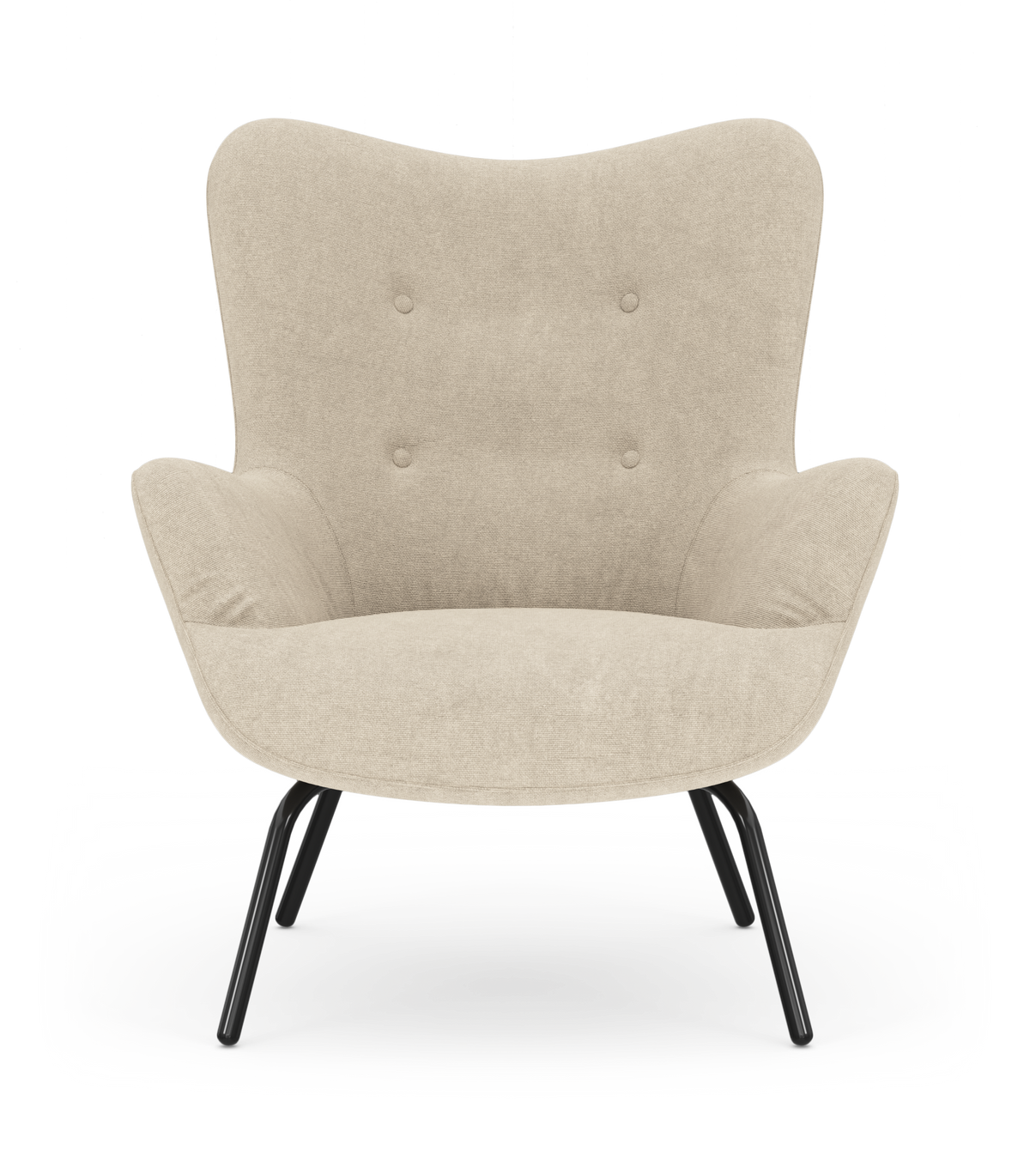 Beige loungefåtölj med knappklädd rygg och svarta metallben, frilagd på vit bakgrund.