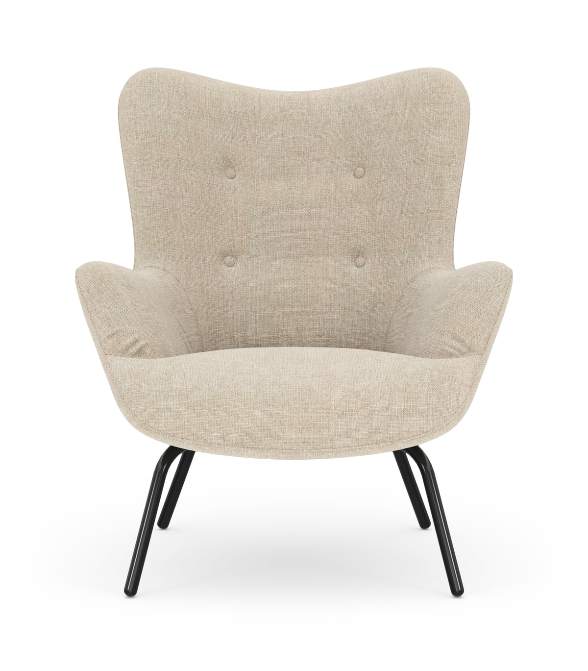 Beige fåtölj med böjt ryggstöd, knappdetaljer och svarta metallben, sedd framifrån på vit bakgrund.