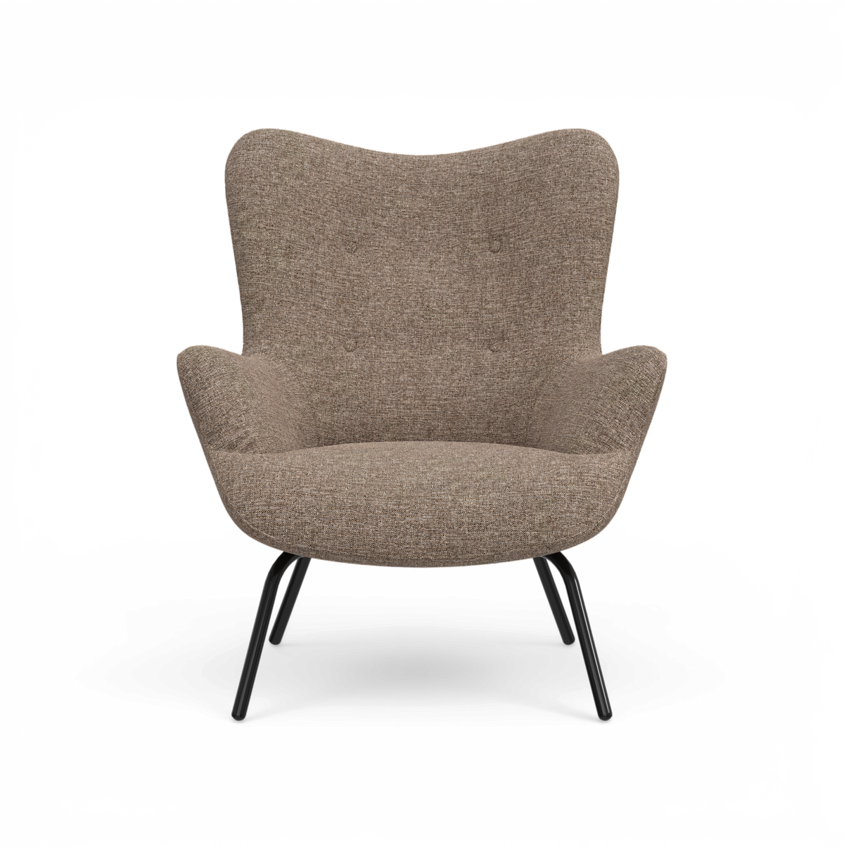 Brun textil loungestol med svarta metallben, sedd framifrån.