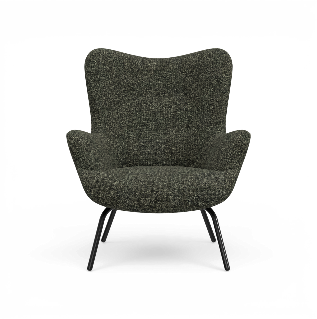Mörkgrön loungestol i tyg med svarta metallben, sedd rakt framifrån.