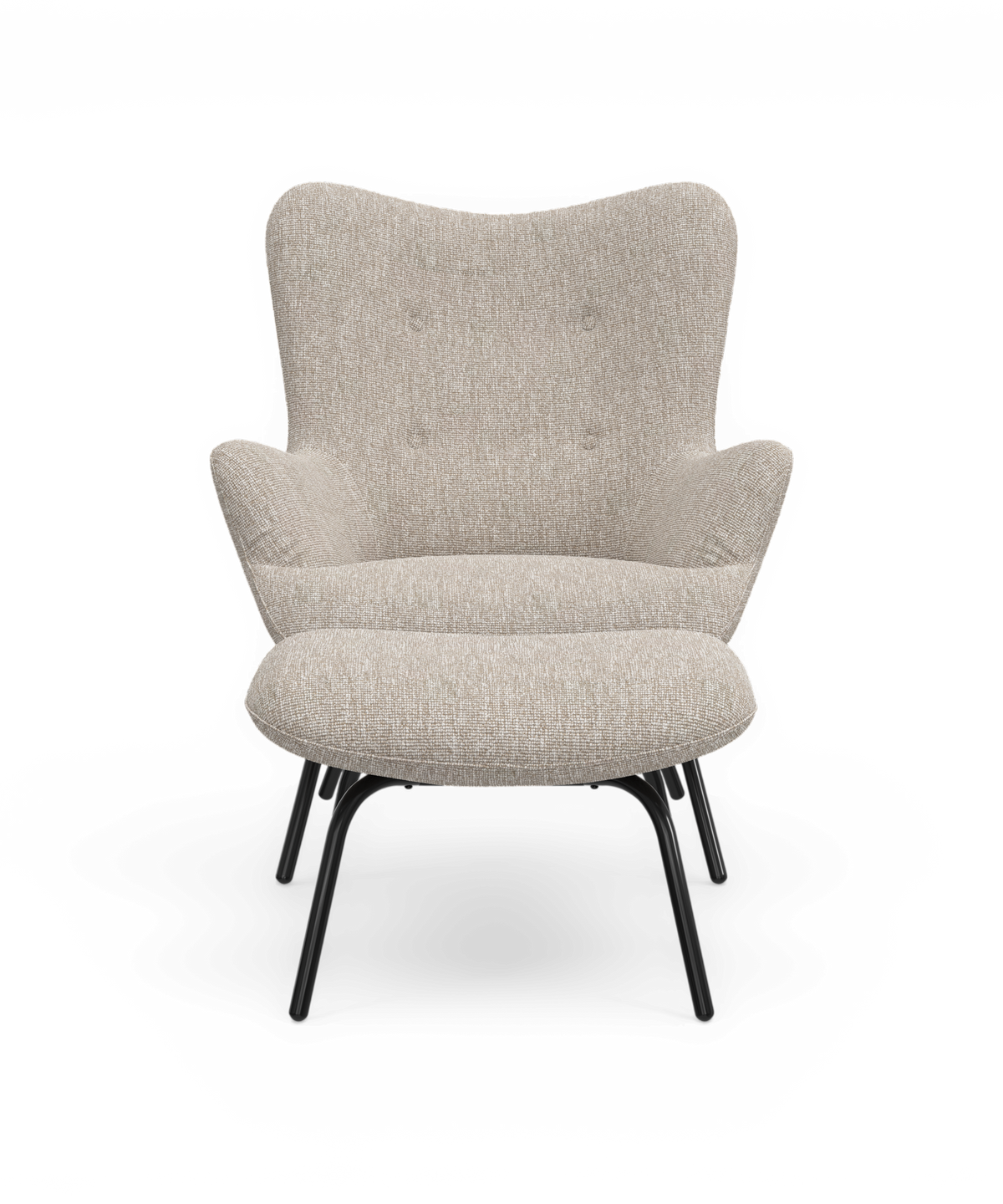 Beige loungefåtölj med rundad rygg och sits samt svarta ben, sedd rakt framifrån på frilagd bakgrund.