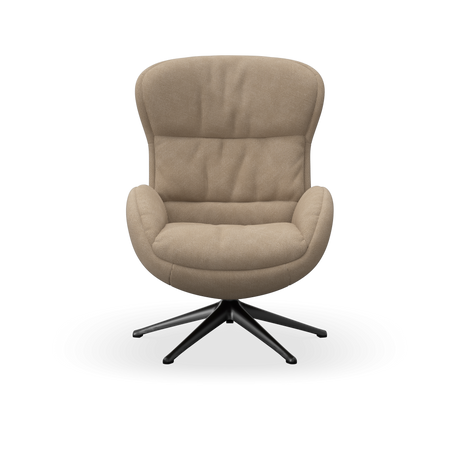 Beige snurrfåtölj med hög rygg och svart kryssfot.