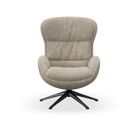 Beige snurrfåtölj med hög rygg och svart kryssfot, frilagd mot vit bakgrund.