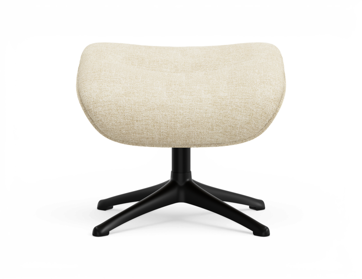 Beige fotpall i textil med svart fyrarmad kryssfot, frilagd på vit bakgrund.