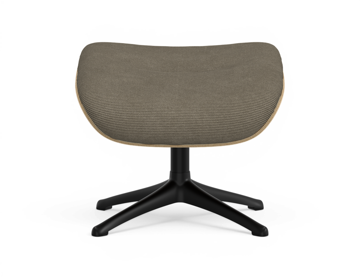 Modern fotpall med ribbad taupefärgad sits och svart fyrkryssfot, frilagd på vit bakgrund.