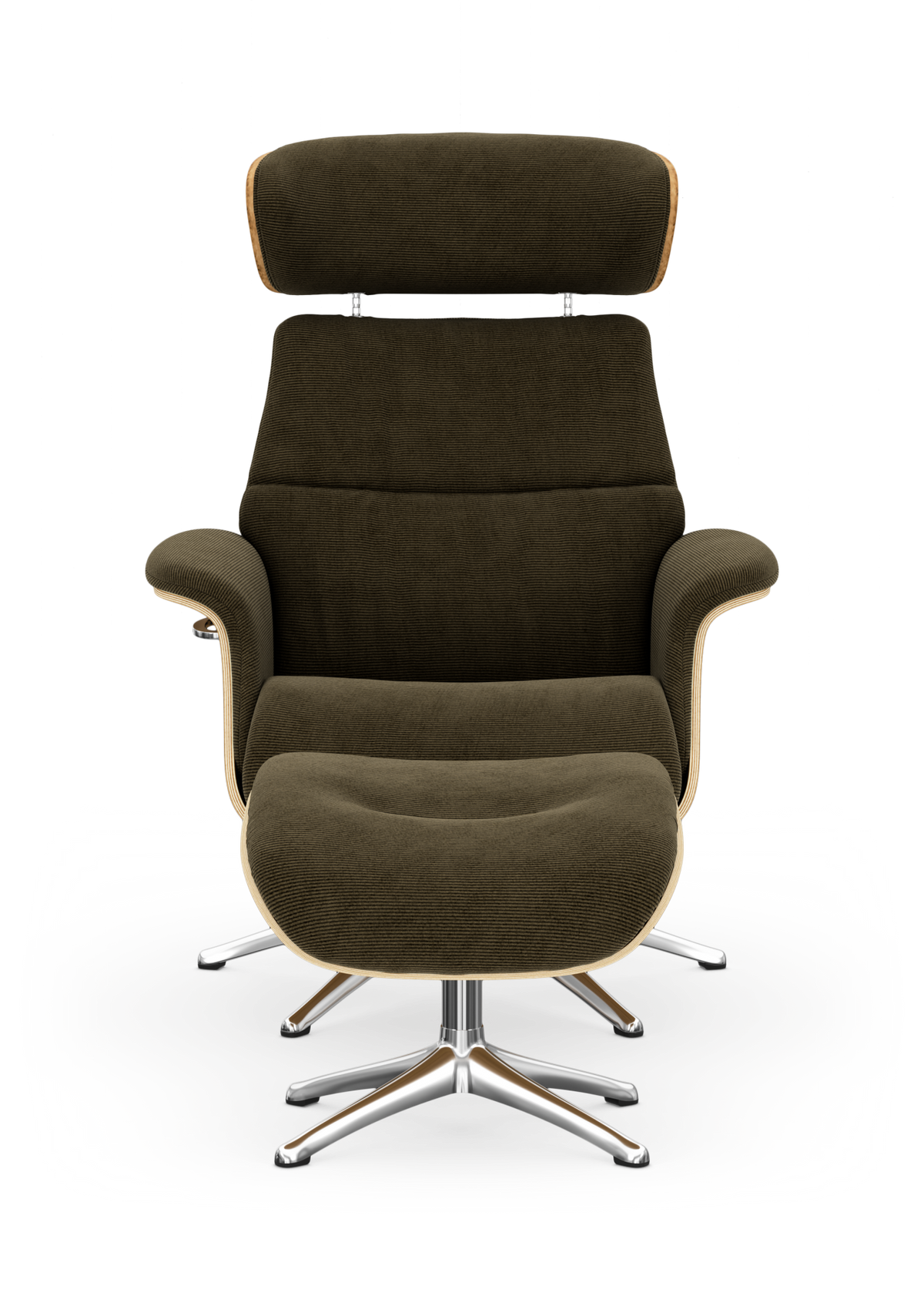 Modern loungefåtölj med matchande fotpall i mörk olivgrön textil, träskal och kromat femstjärnigt underrede.