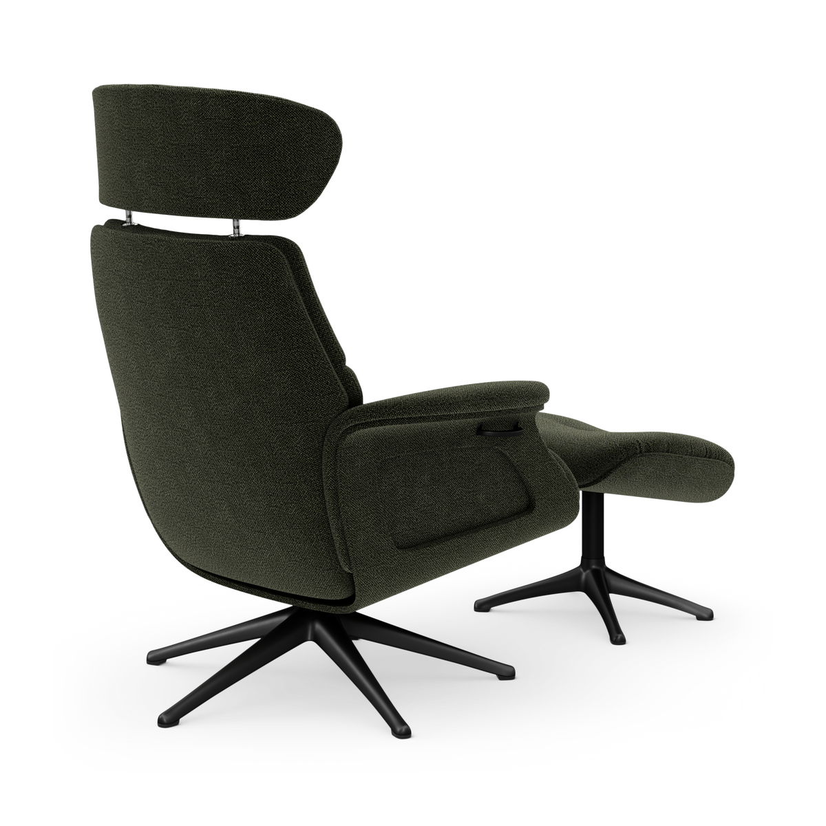 Mörkgrön reclinerfåtölj med justerbart nackstöd och matchande fotpall på svarta kryssben, frilagd mot vit bakgrund.