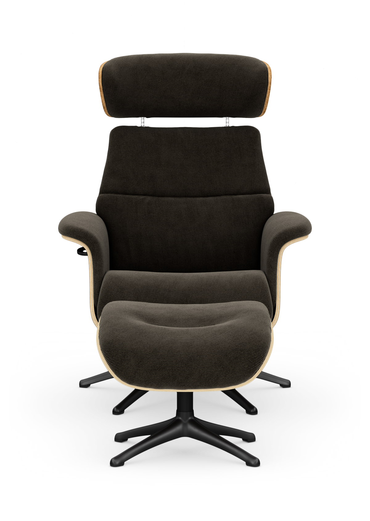 Modern loungefåtölj med integrerat fotstöd i mörk textil och svart snurrfot, frilagd på vit bakgrund.