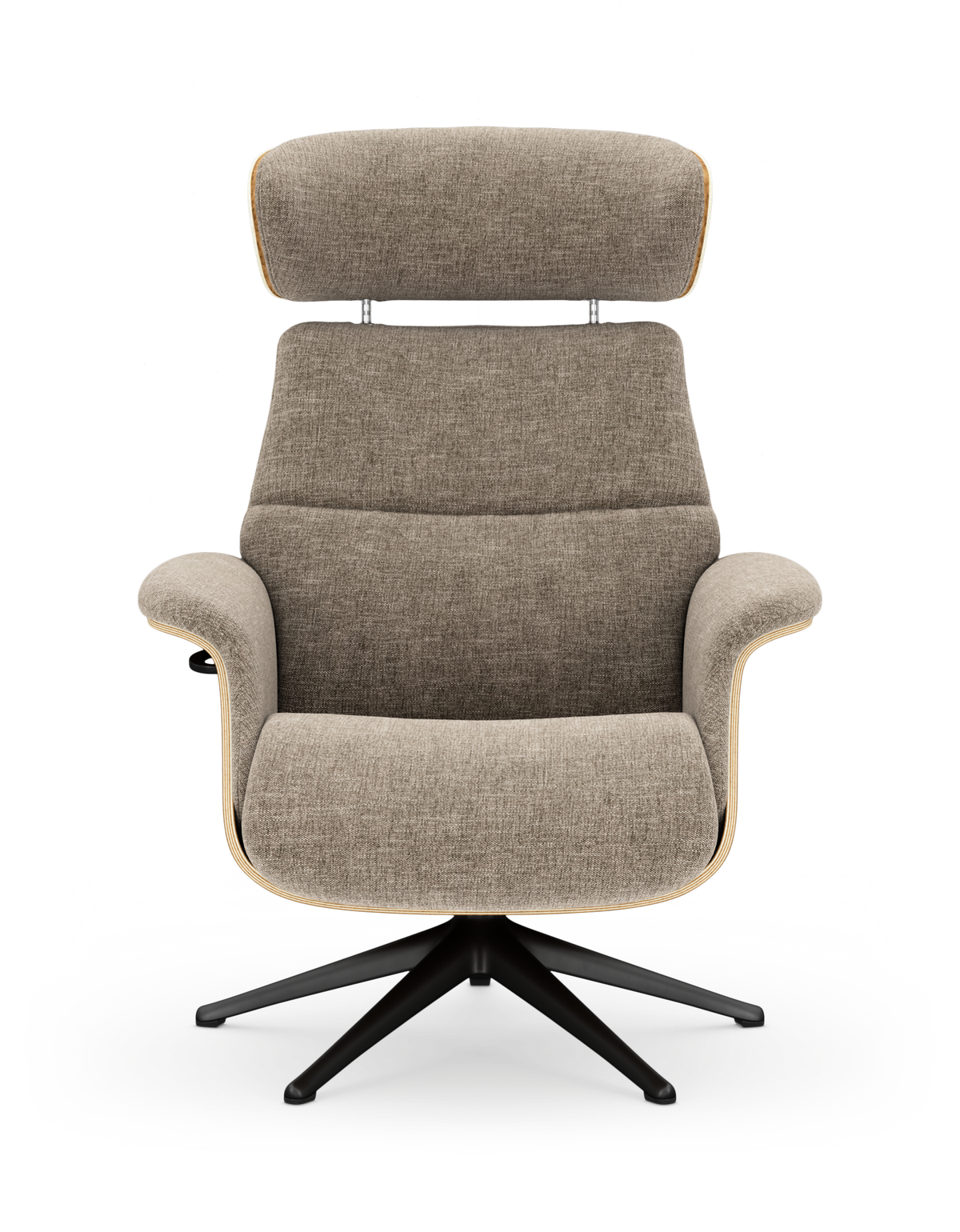 Framifrån sedd modern loungefåtölj med hög rygg och nackstöd i beige tyg, på sort drejefod med stjernebase.