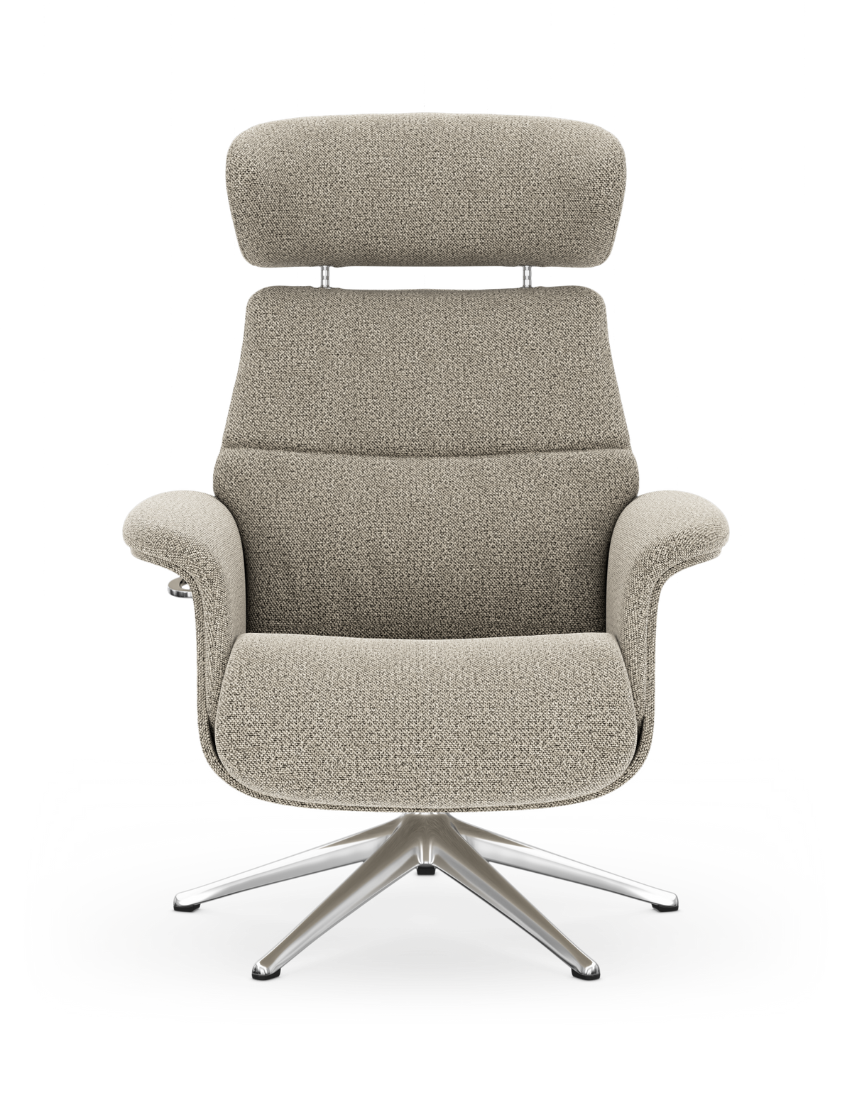 Beige loungestol med hög nackstöd och vadderad sits, på snurrfot i borstat metall, sedd framifrån.