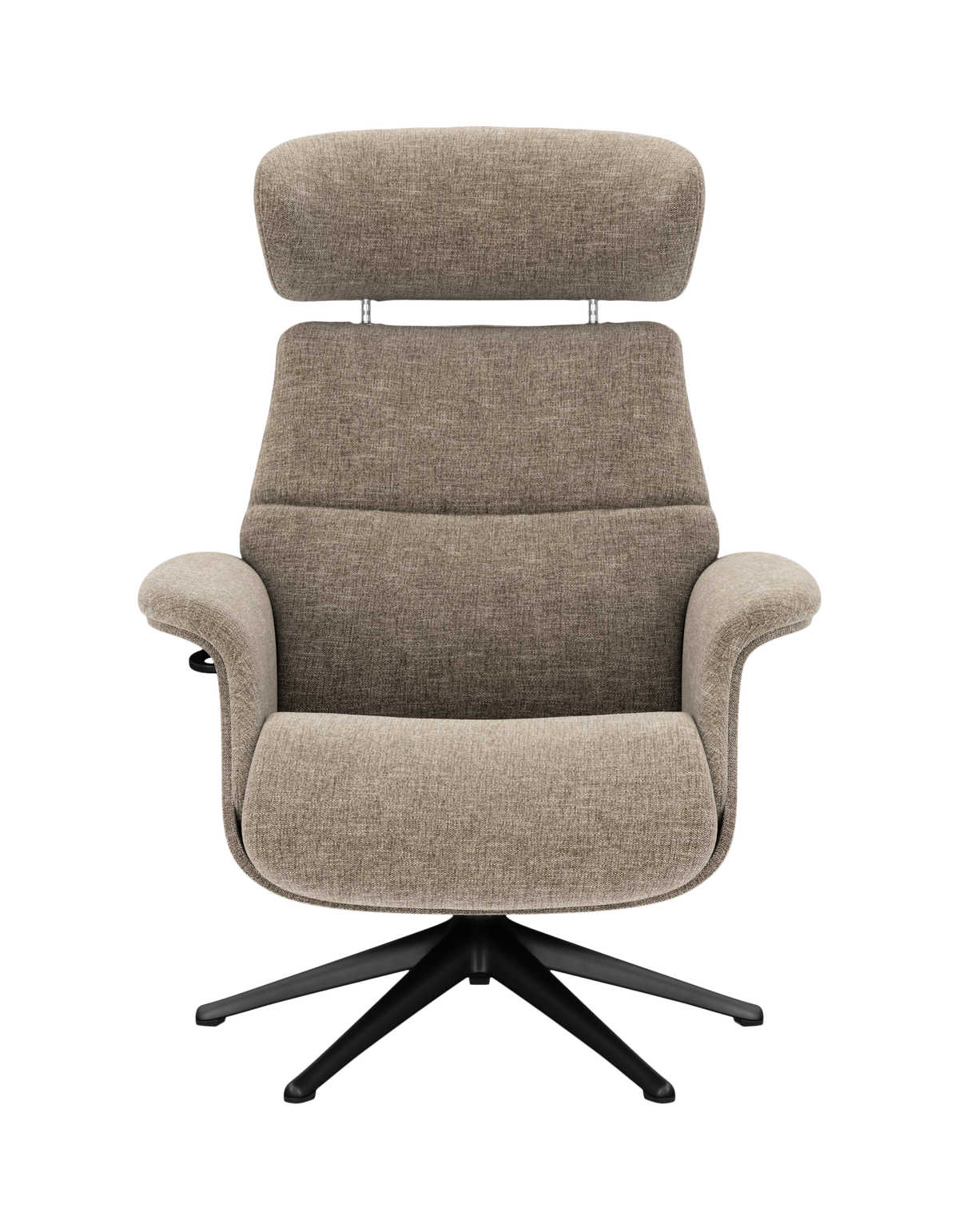 Framsida av beige tygfåtölj med hög nackkudde och svart drejebase/sok?