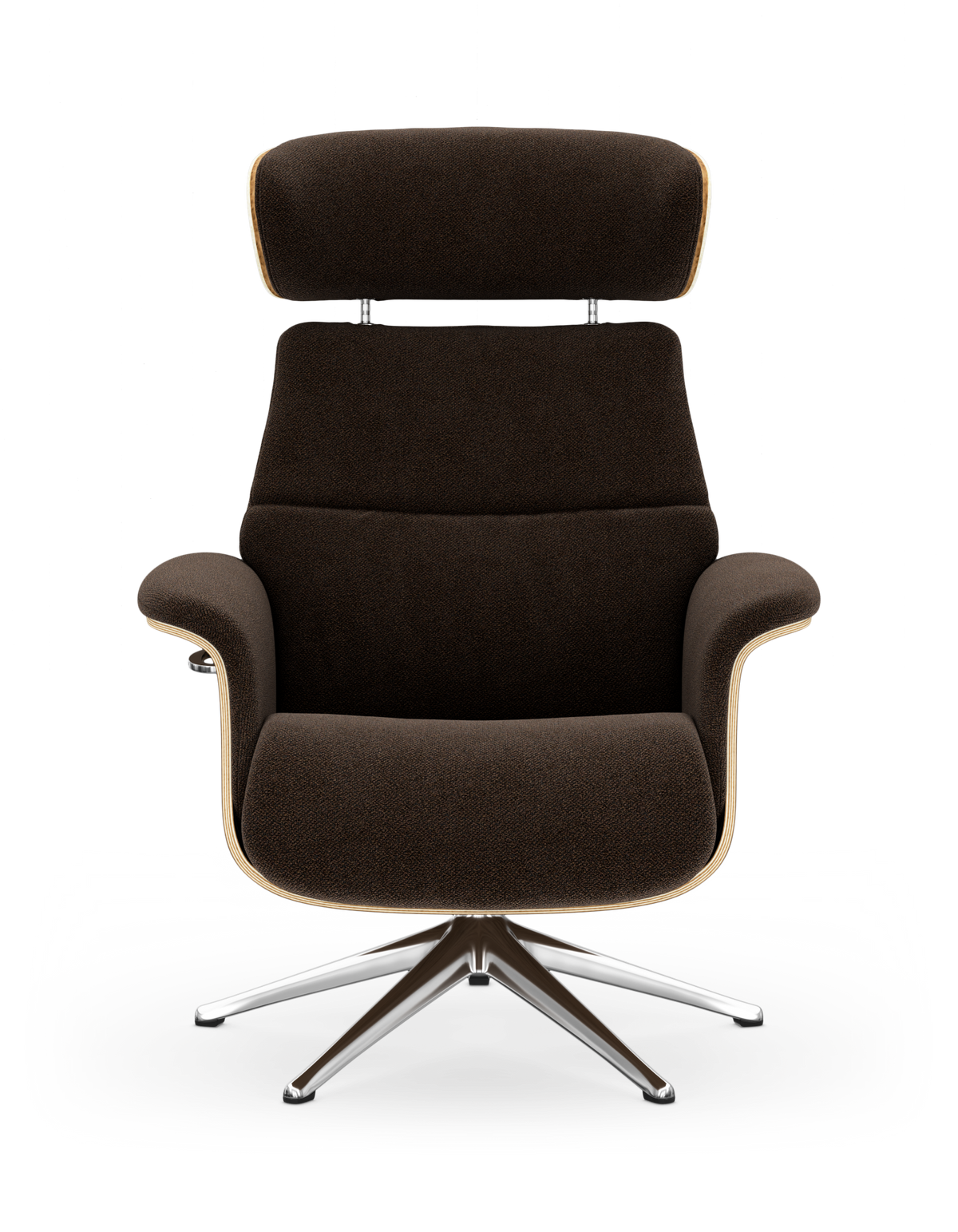 Brun modern loungestol med hög rygg, nackstöd och snurrfot i metall, frilagd på vit bakgrund.