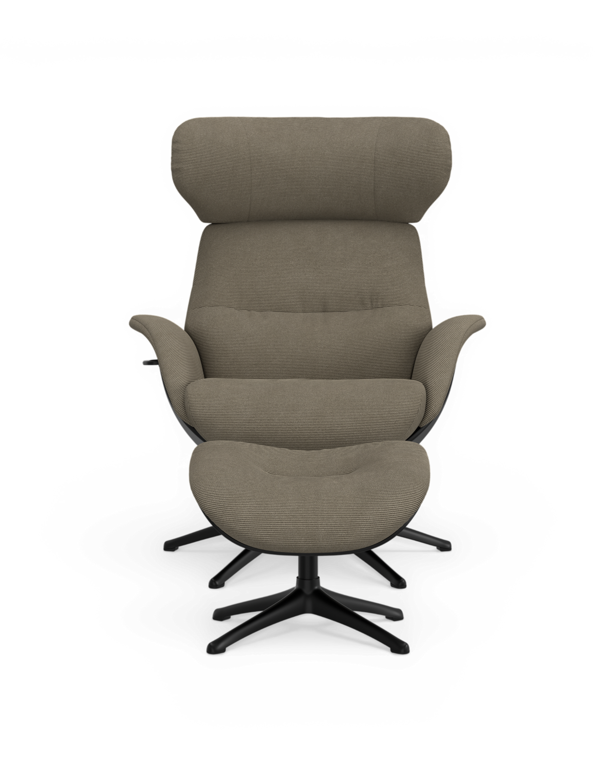 Framifrån av en modern taupe fåtölj med matchande fotpall på svart snurrstativ, frilagd mot vit bakgrund.