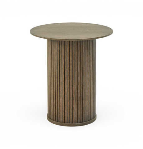 Runt matbord i trä med räfflad cylindrisk pelarfot.