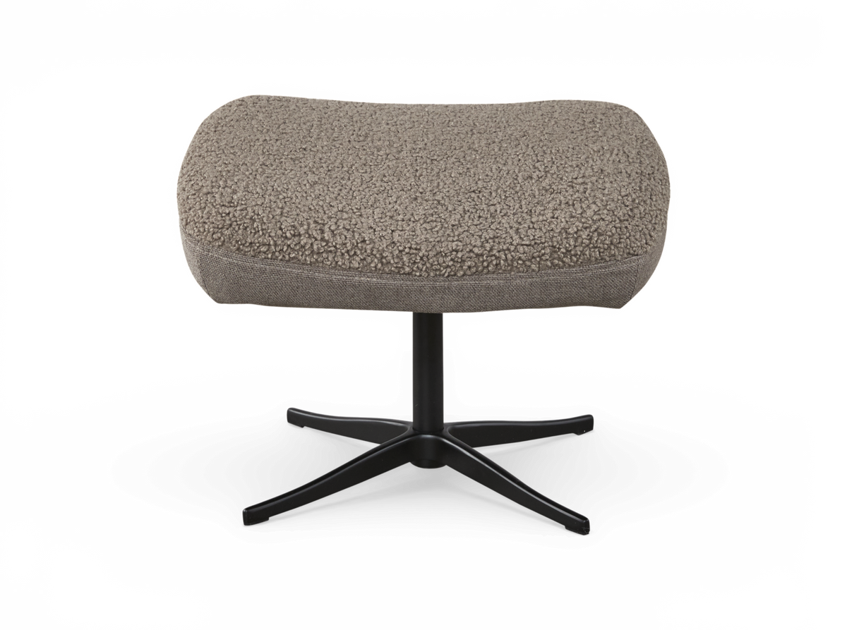 Fotpall i taupe bouclé med svart fyrkryssad metallfot, frilagd produktbild.