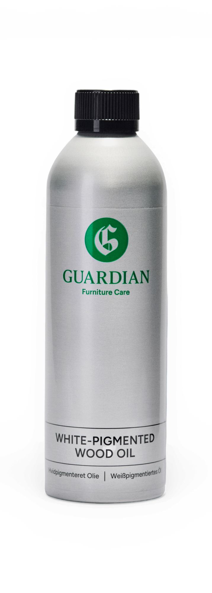 Guardian Furniture Care vitpigmenterad träolja i silverfärgad flaska med svart kork.