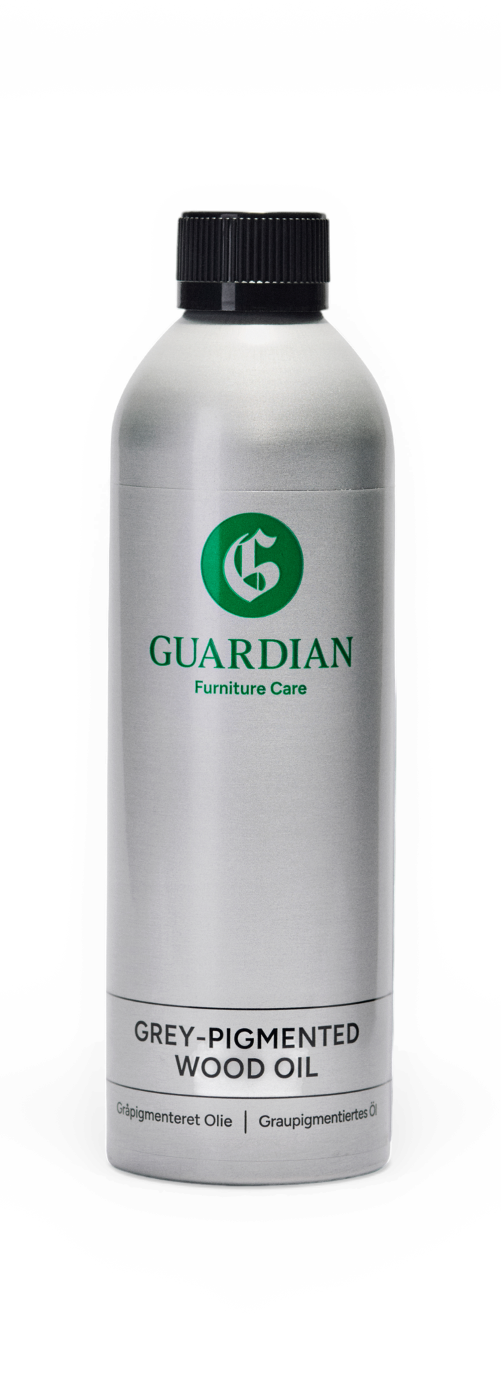 Guardian Furniture Care gråpigmenterad träolja i flaska.