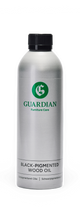 Guardian Furniture Care black-pigmenterad träolja i silverfärgad flaska med svart kork.