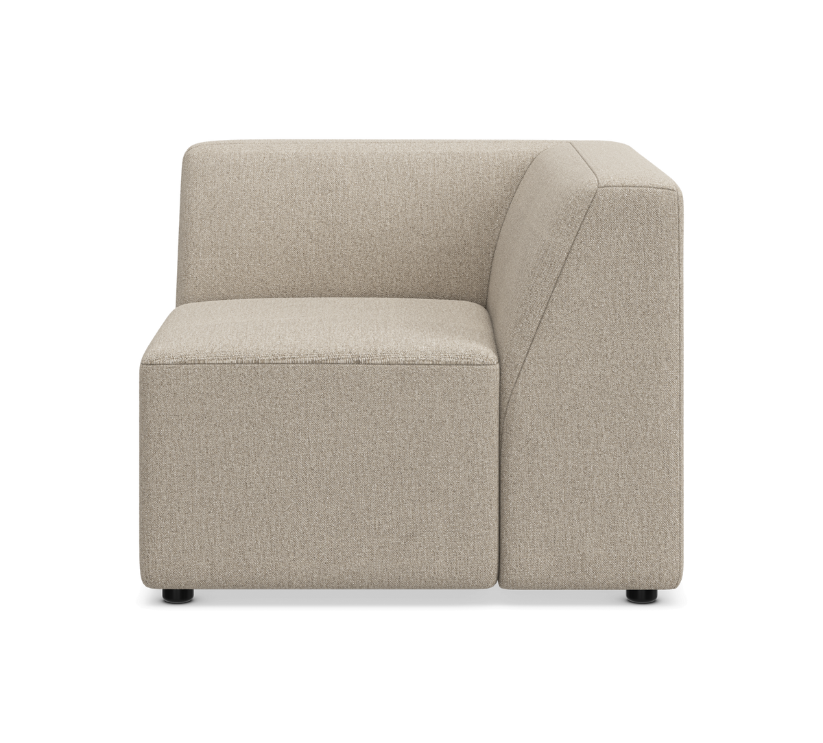 Beige modulsoffa, hörnsektion sedd rakt framifrån på vit bakgrund.