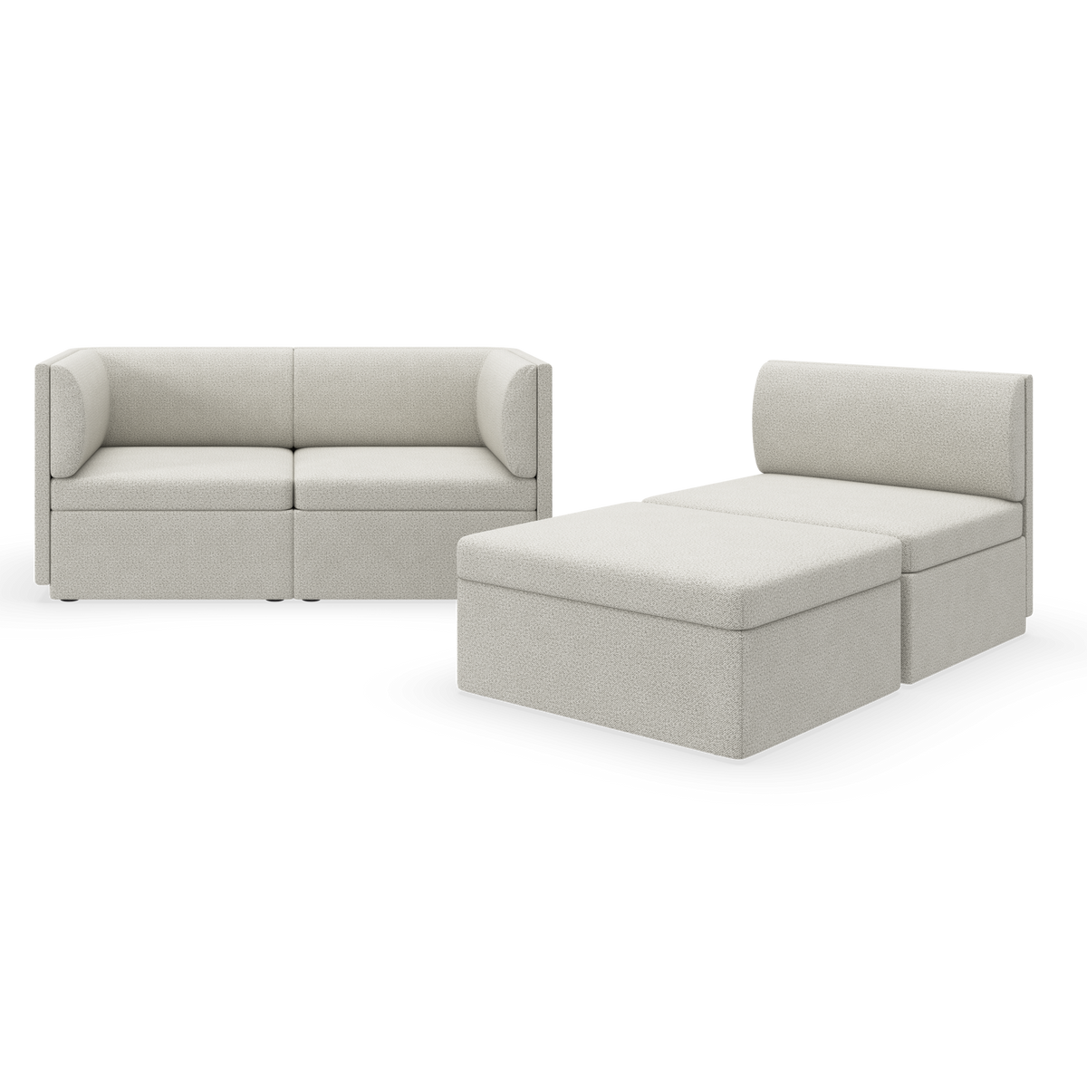 Modulär ljusbeige soffa i bouclé, visad i två konfigurationer – 2-sits och schäslong med ottoman – mot vit bakgrund.