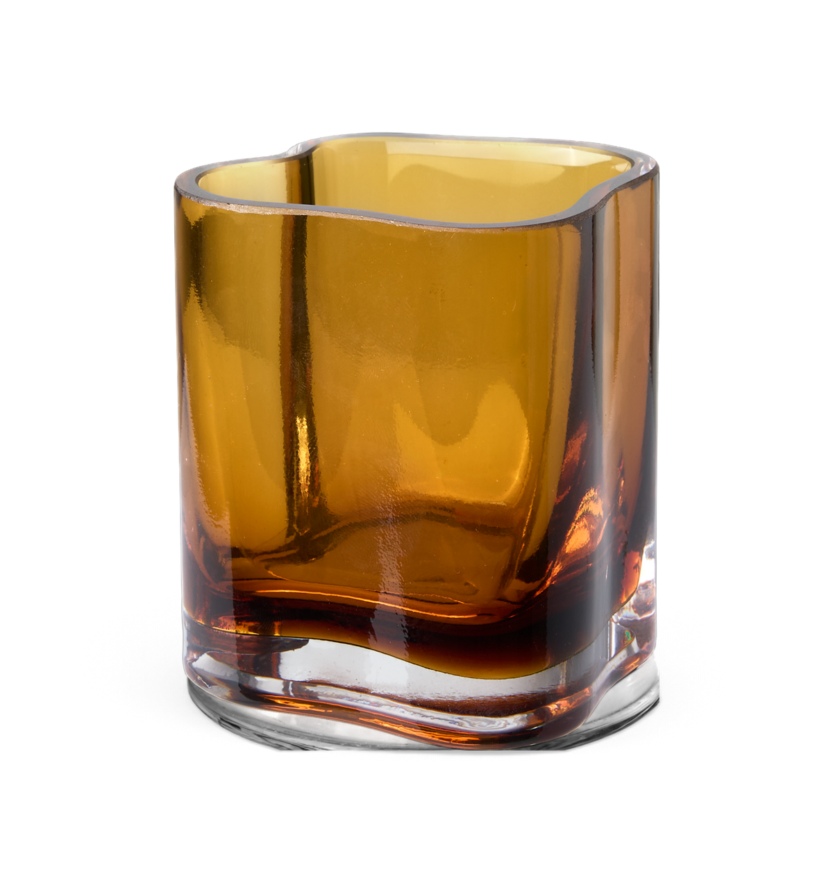 Bärnstensfärgad glasbehållare med mjukt kvadratisk form, frilagd på vit bakgrund.