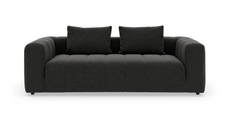 Mörkgrå modern soffa med två ryggkuddar, sedd rakt fram, isolerad mot vit bakgrund.