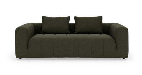 Mörkgrön modern 3‑sits soffa med två ryggkuddar, breda armstöd och kanalinddelad sits på vit bakgrund.