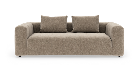 Beige soffa med två ryggkuddar, frontvy på vit bakgrund.
