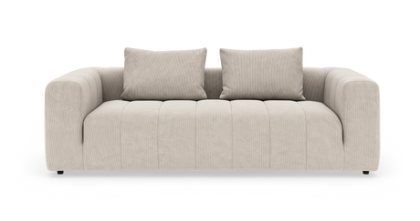 Beige 3-sits soffa med breda armstöd och två lösa ryggkuddar, frontvy på vit bakgrund.