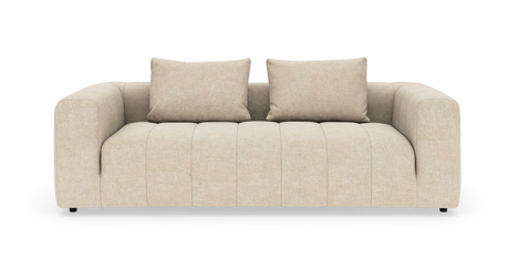 Beige, modern soffa med två ryggkuddar, sedd rakt fram mot vit studiobakgrund.