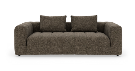 Brun, modern 3-sits soffa med två ryggkuddar, fotograferad rakt fram mot vit bakgrund.