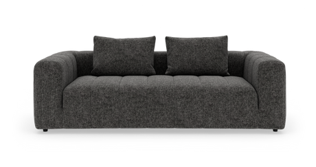 Mörkgrå 2-sits soffa med två ryggkuddar, breda armstöd och låg profil på vit bakgrund.