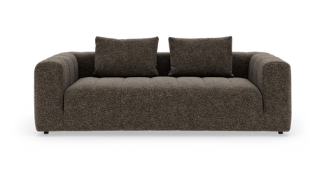 Mörkbrun, modern 3‑sits soffa med två ryggkuddar, stoppad sits och breda armstöd, fotograferad rakt framifrån.