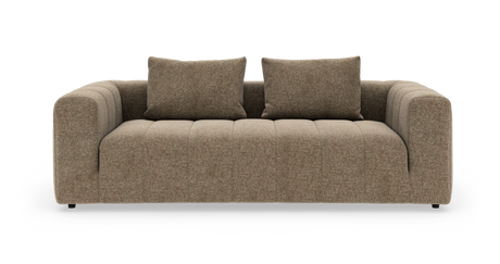 Brun/beige tvåsits soffa med två kuddar, frontvy på vit bakgrund.