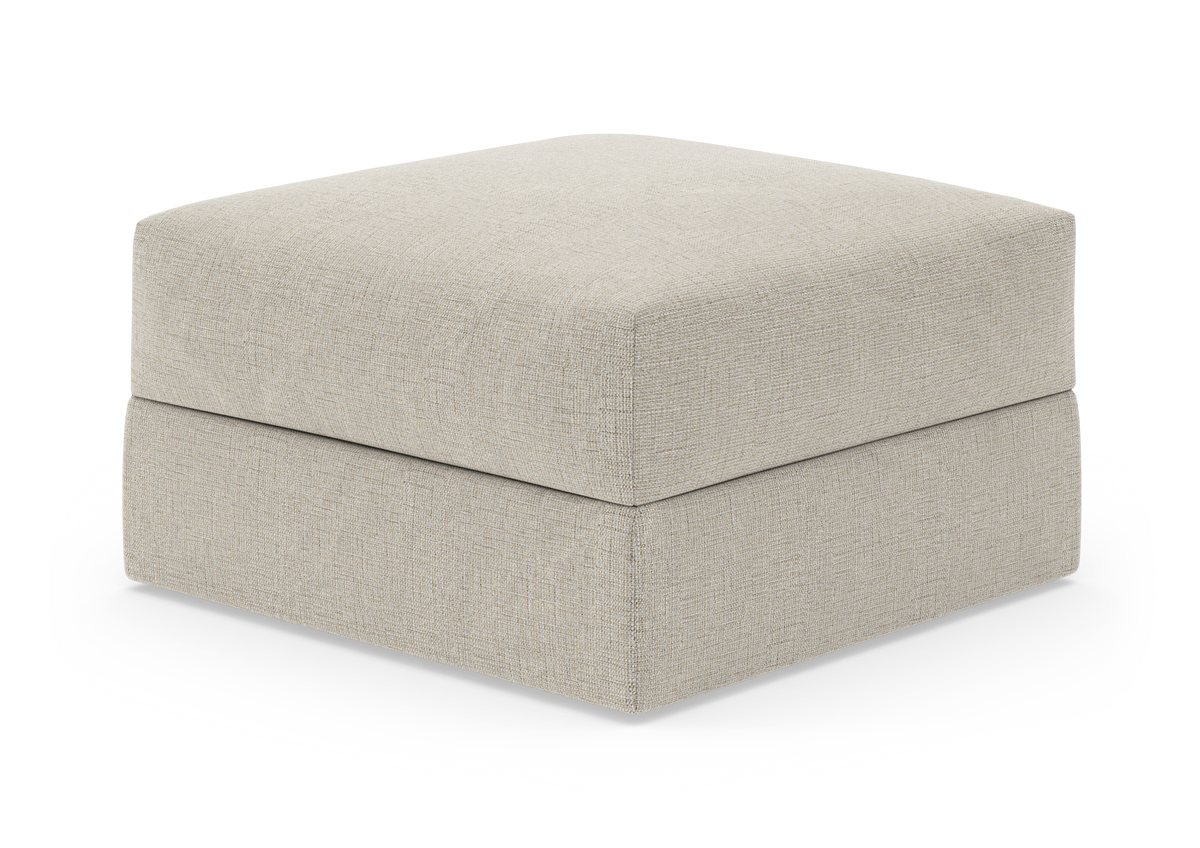 Beige kvadratisk fotpall i tyg.