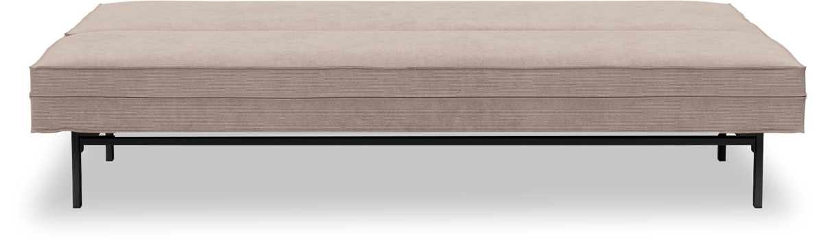 Beige stoppad bänk/daybed med svart metallben, frilagd på vit bakgrund.
