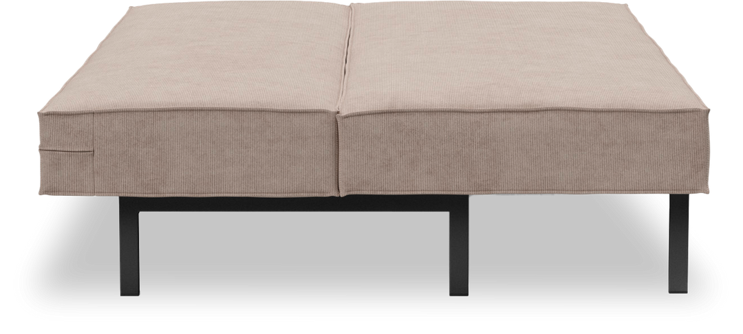 Beige dagbädd/bänk med svarta metallben, vy framifrån.