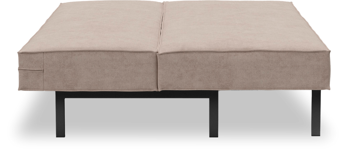 Beige dagbädd/bänk med svarta metallben, vy framifrån.