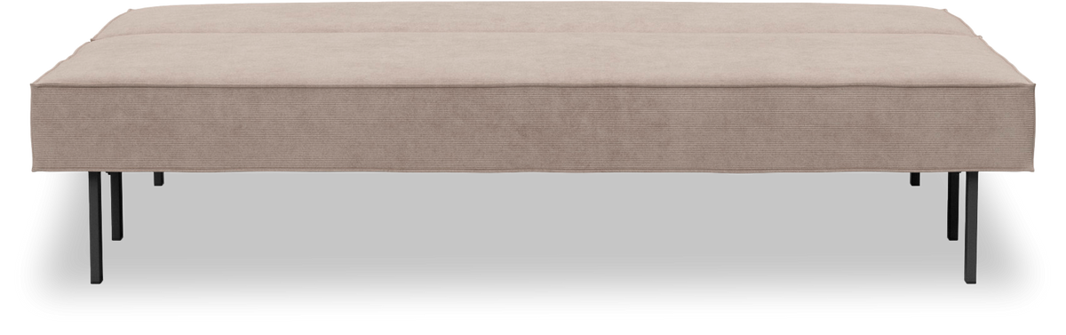 Beige stoppad bänk/pall (ottoman) med svarta metallben, frilagd mot vit bakgrund.