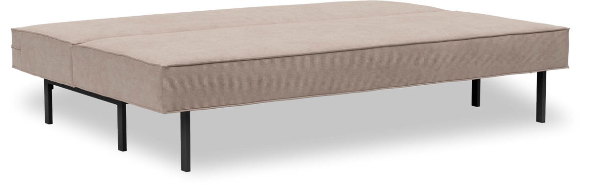 Beige stoppad bänk/pall med svarta metallben, frilagd på vit bakgrund.