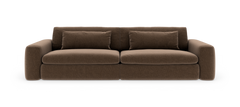 Brun, modern 3-sits soffa med mjuka, breda armstöd och två långsmala ryggkuddar, frilagd mot vit bakgrund.