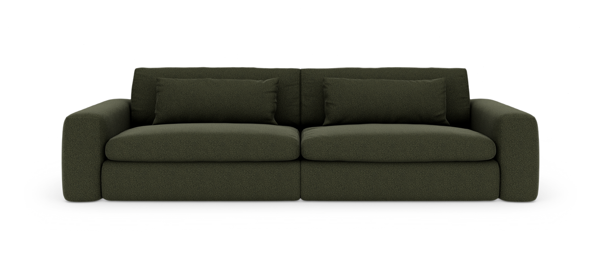 Mörkgrön, modern 3‑sits soffa med två ryggkuddar, frilagd mot vit bakgrund.