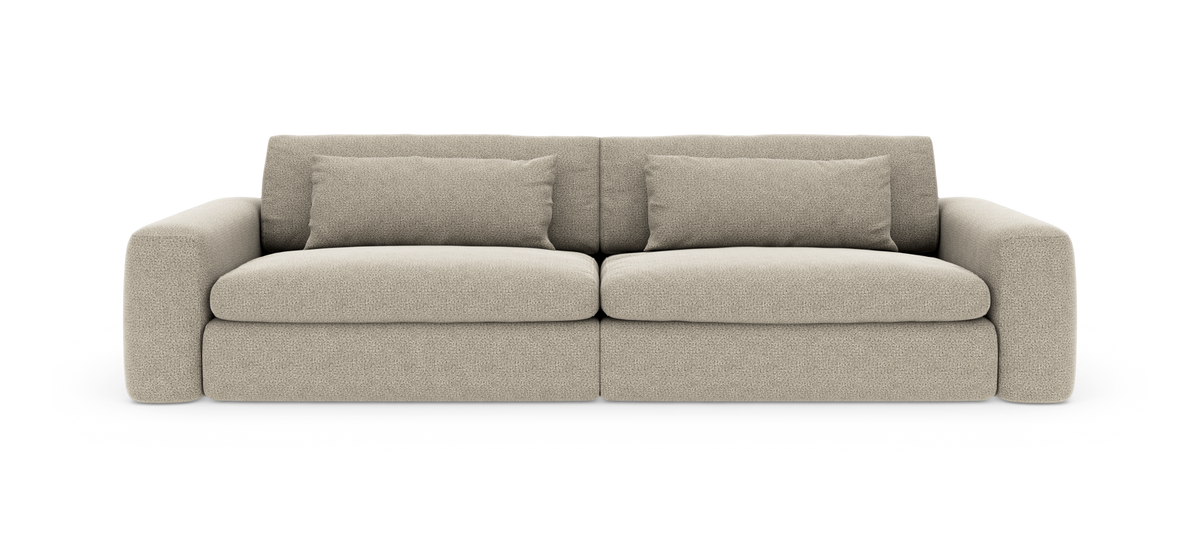 Beige tresits soffa med rundade armstöd och två ryggkuddar, frontvy mot vit bakgrund.