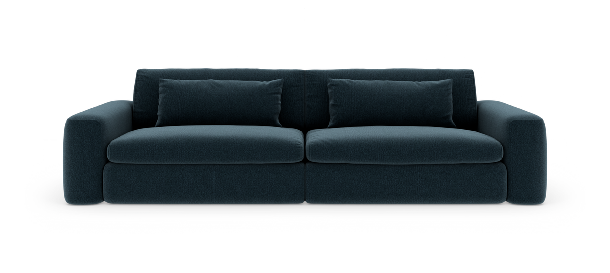 Mörkblå modern 2-sits soffa med breda armstöd och två ryggkuddar, frilagd mot vit bakgrund.