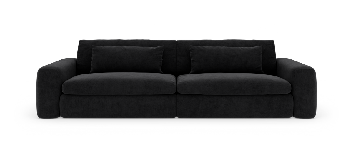 Svart 3-sits soffa med mjuka, rundade armstöd och två avlånga ryggkuddar, frilagd på vit bakgrund.
