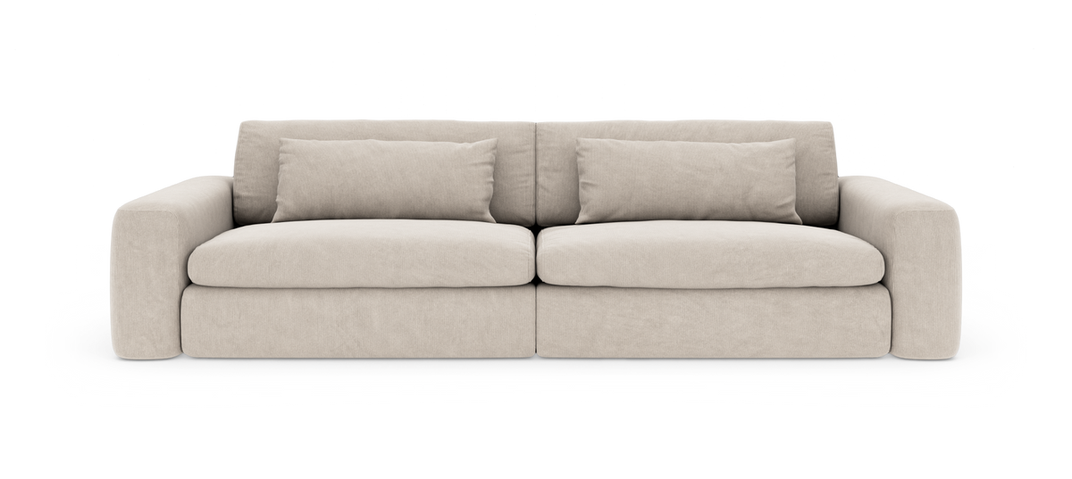 Beige 3-sits soffa med rundade armstöd och två sitskuddar, frontvy mot vit bakgrund.