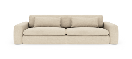 Beigefärgad modern soffa med mjuka runda armstöd och två avlånga kuddar, frilagd på vit bakgrund.