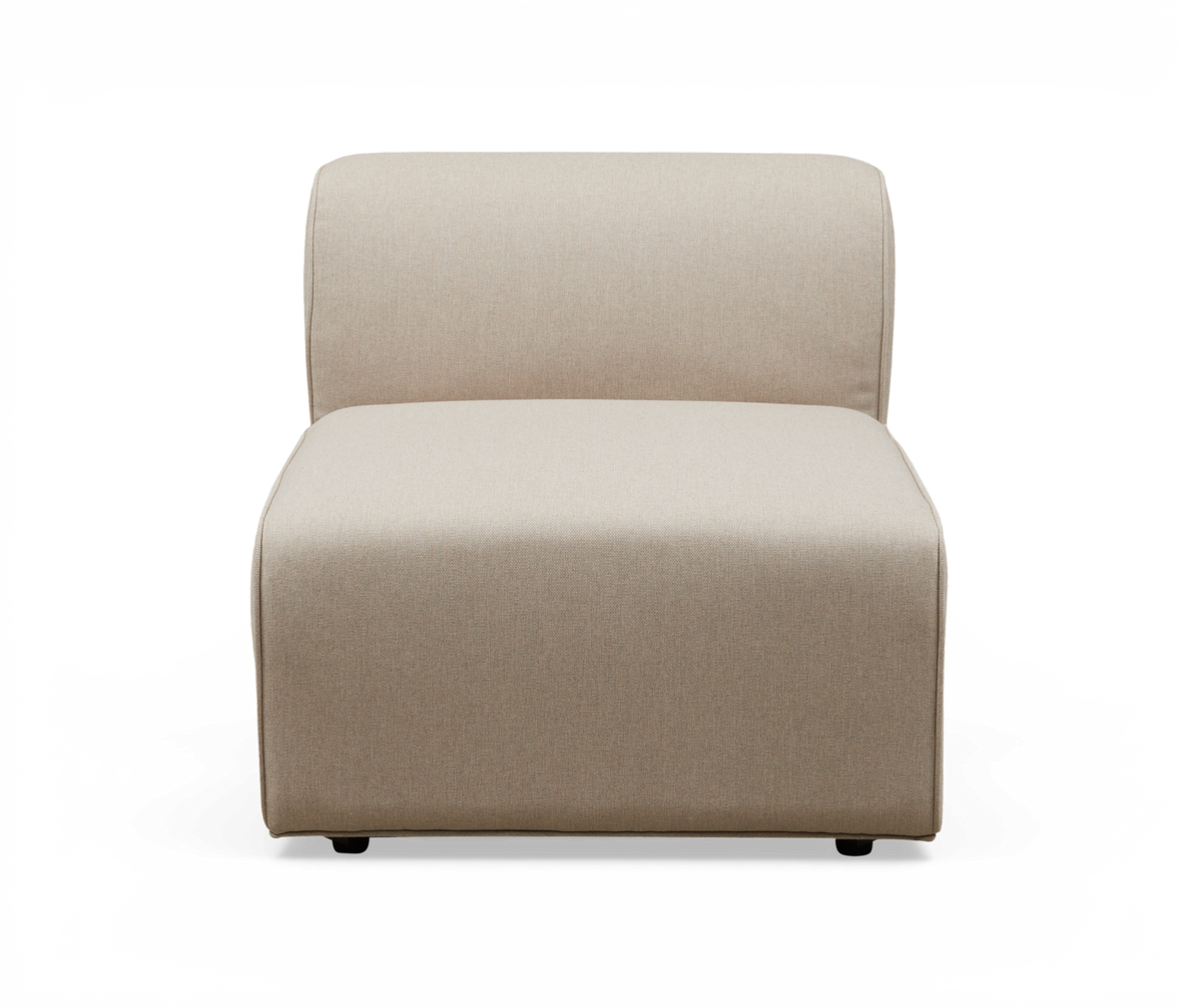 Modulär armlös loungedel i beige tyg, frontvy.